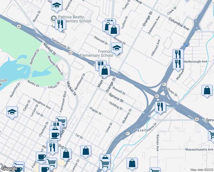 map of restaurants, bars, coffee shops, grocery stores, and more near 3614 Russell Street in Riverside