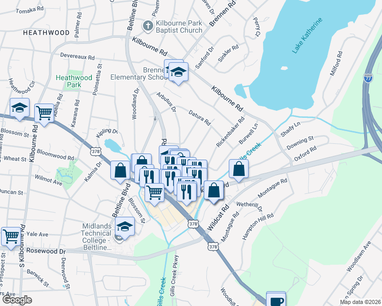map of restaurants, bars, coffee shops, grocery stores, and more near 703 Buckingham Road in Columbia