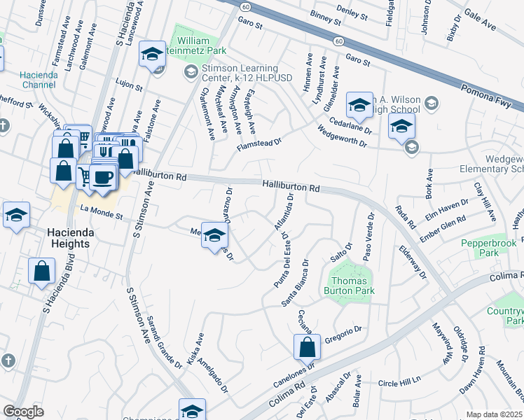 map of restaurants, bars, coffee shops, grocery stores, and more near 16191 La Monde Street in Hacienda Heights