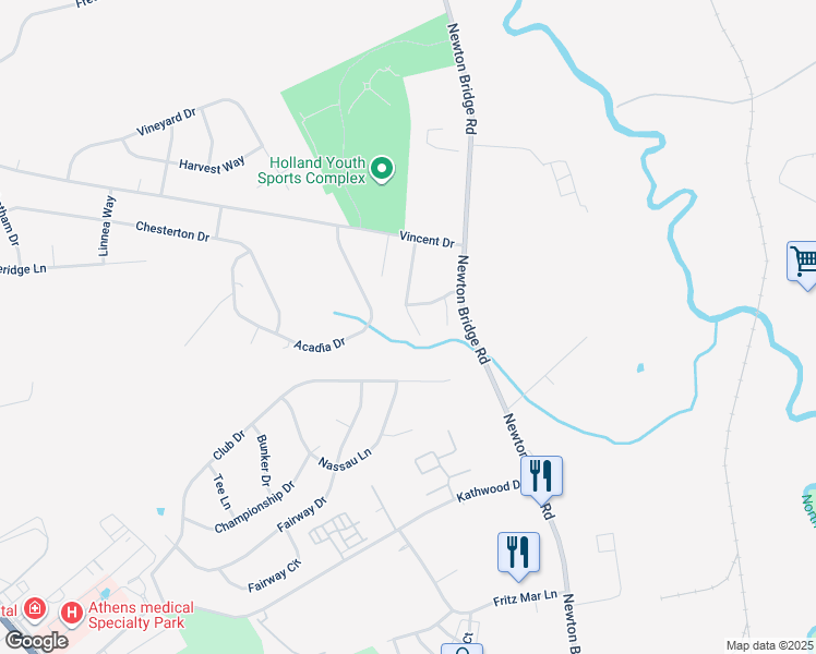 map of restaurants, bars, coffee shops, grocery stores, and more near 142 Deer Creek Drive in Athens