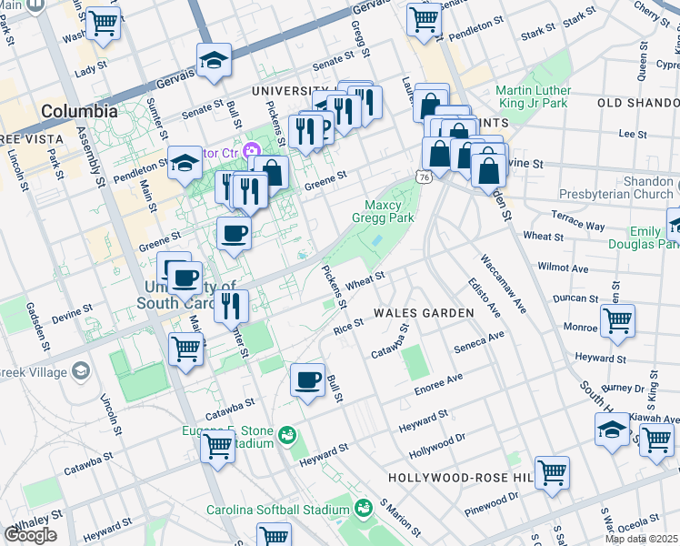 map of restaurants, bars, coffee shops, grocery stores, and more near 1601 Park Circle Road in Columbia