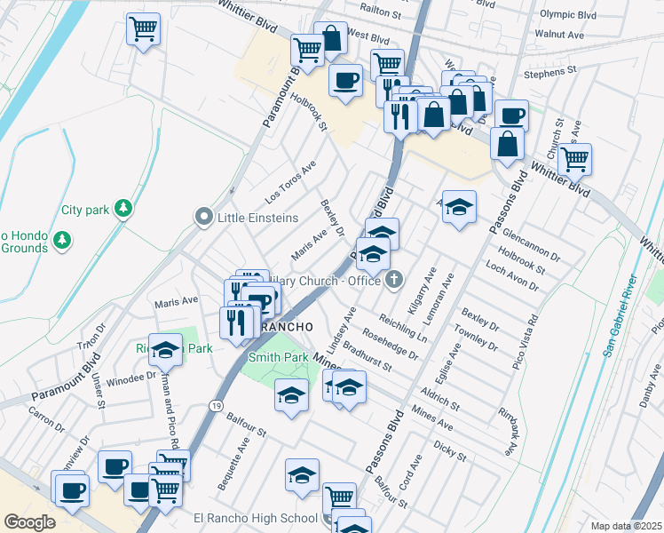 map of restaurants, bars, coffee shops, grocery stores, and more near 5517 California 19 in Pico Rivera