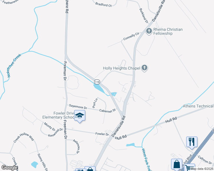 map of restaurants, bars, coffee shops, grocery stores, and more near 170 Nowhere Road in Athens