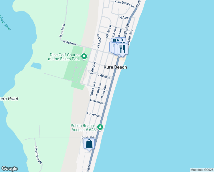 map of restaurants, bars, coffee shops, grocery stores, and more near 327 South 3rd Avenue in Kure Beach