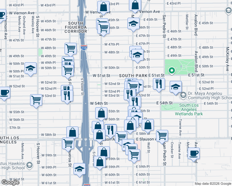 map of restaurants, bars, coffee shops, grocery stores, and more near 204 West 52nd Place in Los Angeles