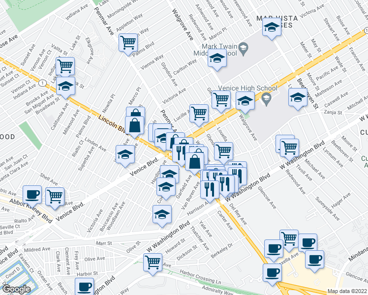 map of restaurants, bars, coffee shops, grocery stores, and more near 2418 Penmar Avenue in Los Angeles