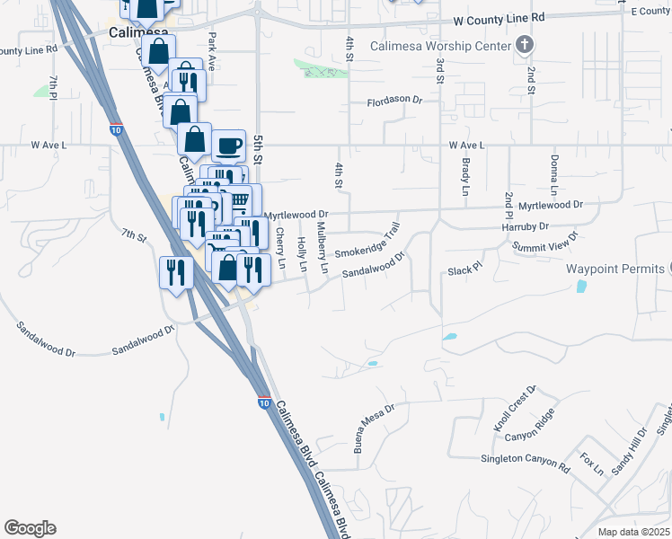map of restaurants, bars, coffee shops, grocery stores, and more near 414 Sandalwood Drive in Calimesa