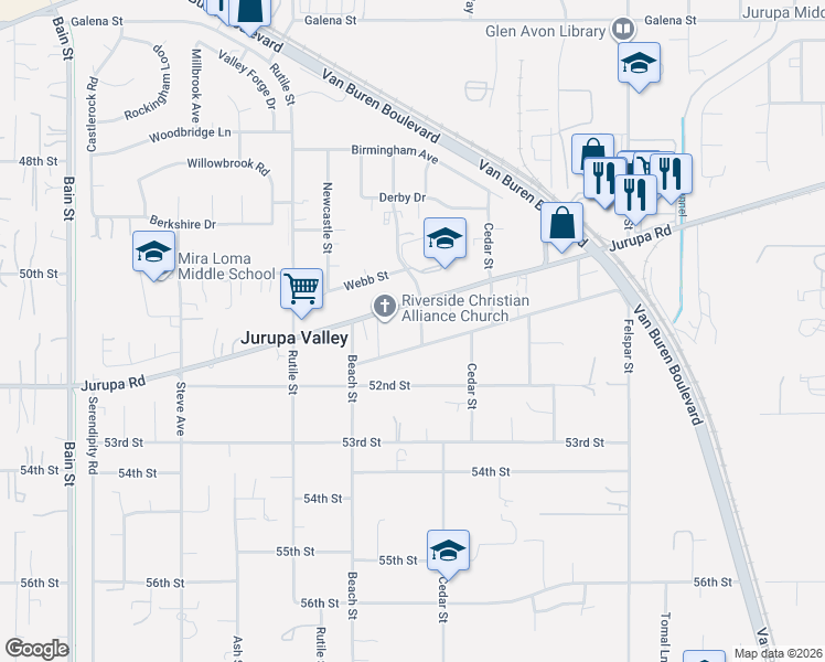 map of restaurants, bars, coffee shops, grocery stores, and more near 5145 Poinsetta Place in Riverside