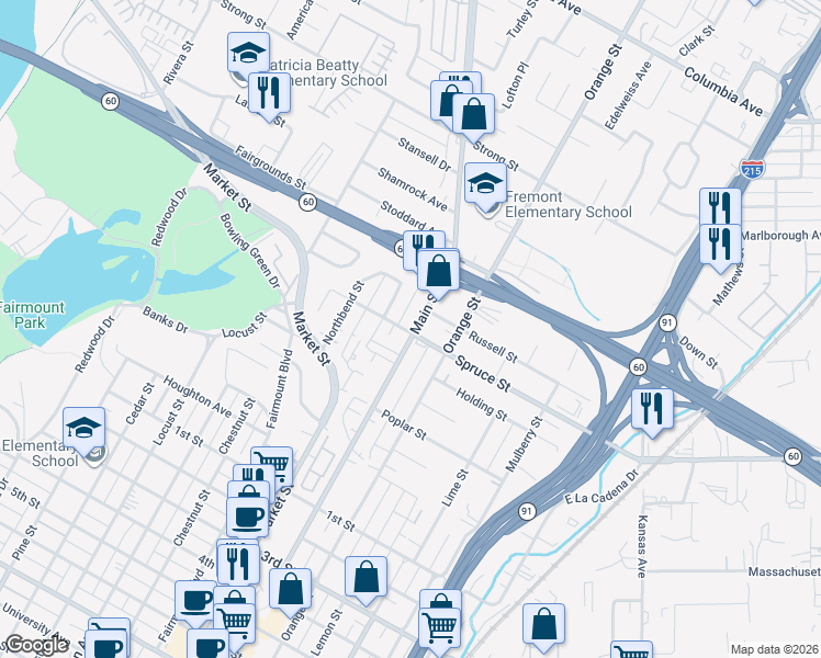 map of restaurants, bars, coffee shops, grocery stores, and more near 2395 Main Street in Riverside