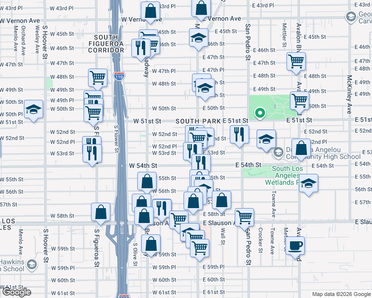 map of restaurants, bars, coffee shops, grocery stores, and more near 126 West 52nd Place in Los Angeles
