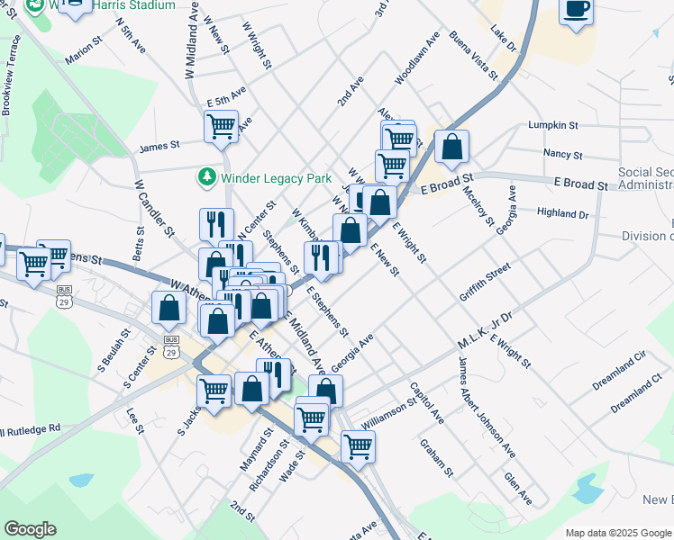 map of restaurants, bars, coffee shops, grocery stores, and more near 123 North Broad Street in Winder