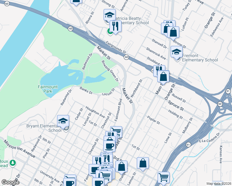 map of restaurants, bars, coffee shops, grocery stores, and more near 2555 Fairmount Court in Riverside