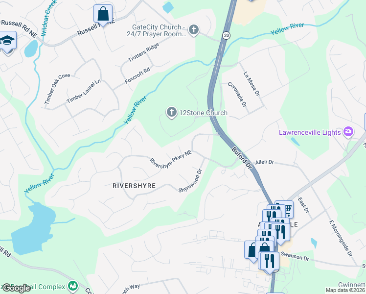 map of restaurants, bars, coffee shops, grocery stores, and more near 1237 Stoneshyre Court in Lawrenceville