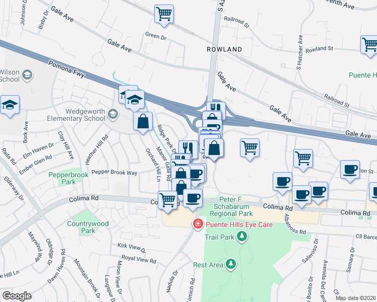 map of restaurants, bars, coffee shops, grocery stores, and more near 1556 Cedarmont Drive in Hacienda Heights