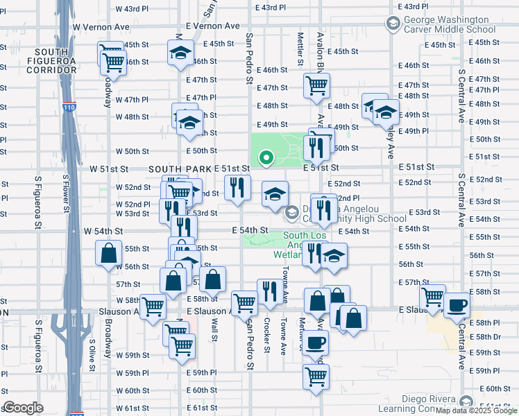 map of restaurants, bars, coffee shops, grocery stores, and more near 331 East 53rd Street in Los Angeles