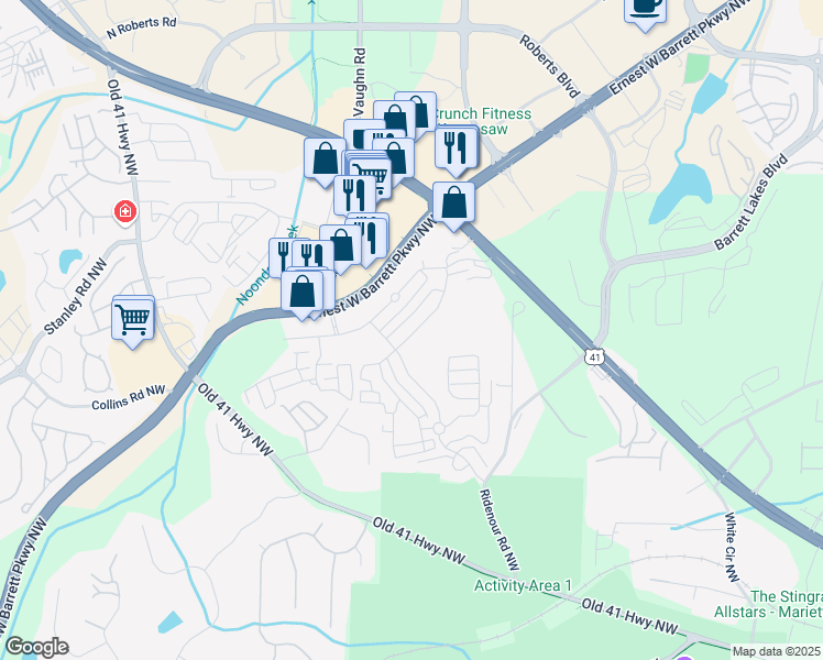 map of restaurants, bars, coffee shops, grocery stores, and more near 1723 Oak Brook Lane Northwest in Kennesaw