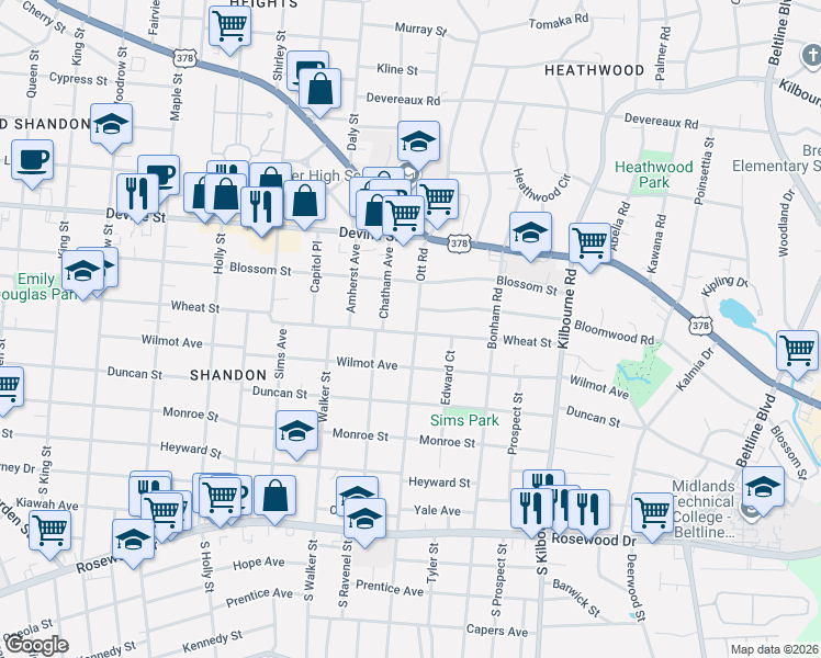 map of restaurants, bars, coffee shops, grocery stores, and more near 501 Ott Road in Columbia
