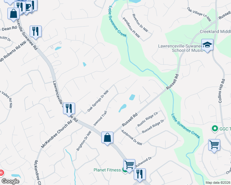 map of restaurants, bars, coffee shops, grocery stores, and more near 401 Inwood Trail in Lawrenceville