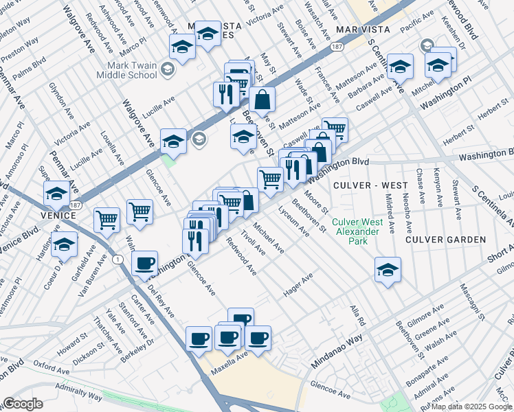 map of restaurants, bars, coffee shops, grocery stores, and more near 13007 Washington Boulevard in Los Angeles