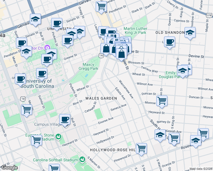 map of restaurants, bars, coffee shops, grocery stores, and more near 424 Saluda Avenue in Columbia