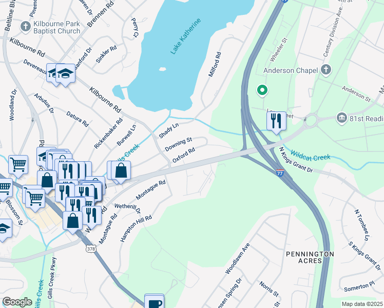 map of restaurants, bars, coffee shops, grocery stores, and more near 4632 Oxford Road in Columbia