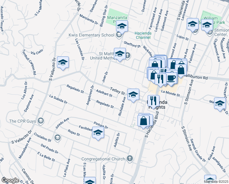map of restaurants, bars, coffee shops, grocery stores, and more near 15616 Tetley Street in Hacienda Heights