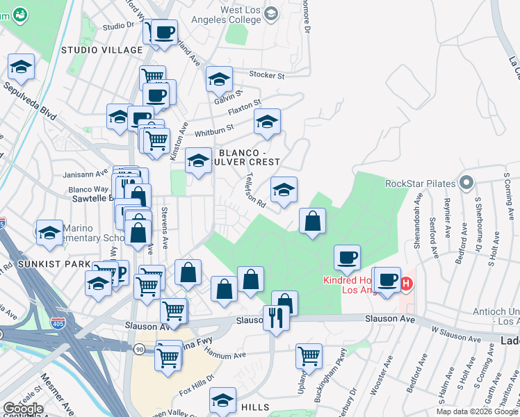 map of restaurants, bars, coffee shops, grocery stores, and more near 5841 Tellefson Road in Culver City