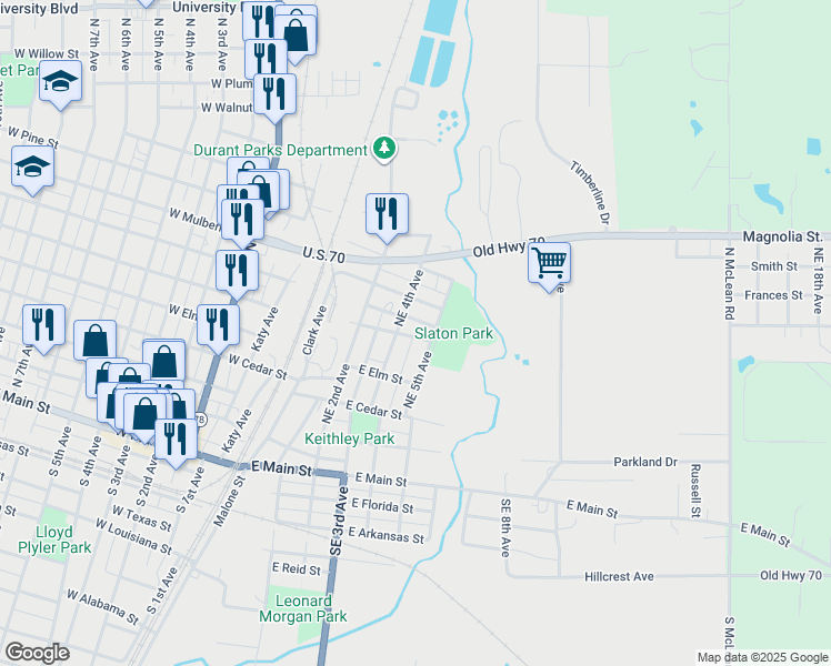 map of restaurants, bars, coffee shops, grocery stores, and more near 602 Northeast 4th Avenue in Durant