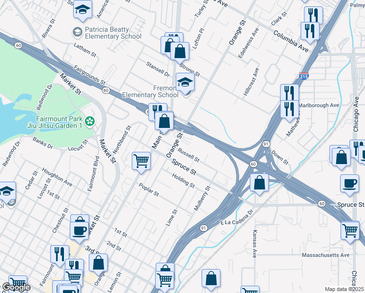 map of restaurants, bars, coffee shops, grocery stores, and more near in Riverside