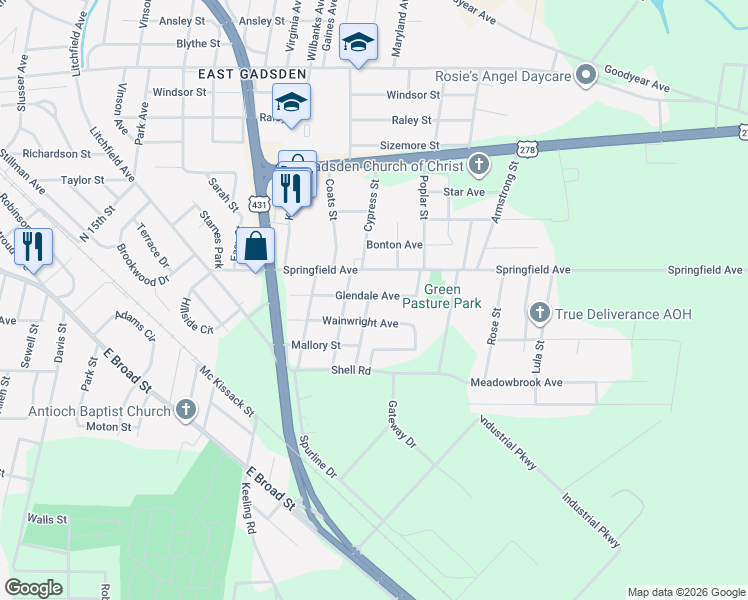 map of restaurants, bars, coffee shops, grocery stores, and more near 1500 Murray Avenue in Gadsden
