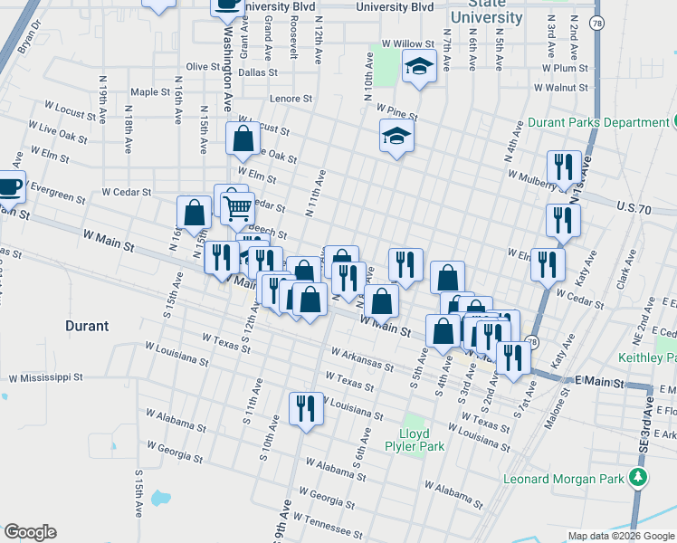 map of restaurants, bars, coffee shops, grocery stores, and more near 912 West Evergreen Street in Durant