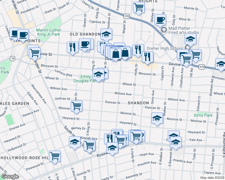 map of restaurants, bars, coffee shops, grocery stores, and more near 2721 Wilmot Avenue in Columbia