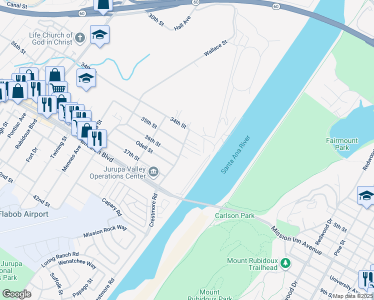 map of restaurants, bars, coffee shops, grocery stores, and more near 3520 Crestmore Road in Riverside
