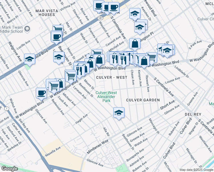 map of restaurants, bars, coffee shops, grocery stores, and more near 4124 Wade Street in Los Angeles