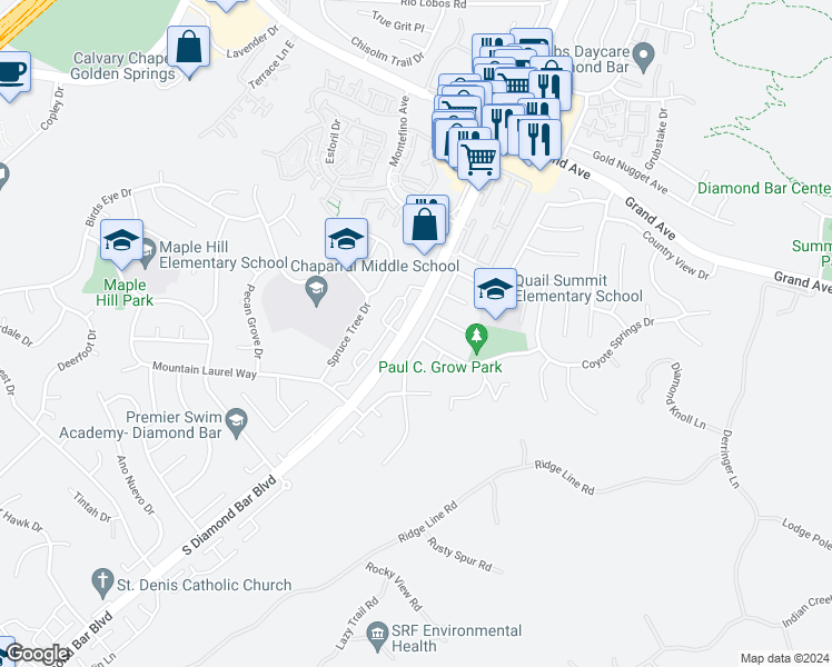 map of restaurants, bars, coffee shops, grocery stores, and more near 1525 Meadow Glen Road in Diamond Bar