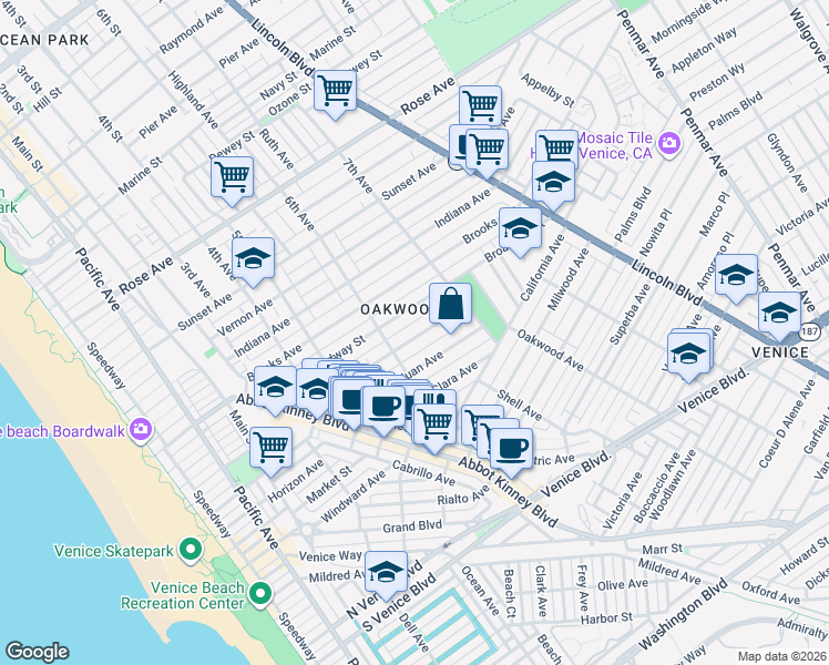 map of restaurants, bars, coffee shops, grocery stores, and more near 629 Westminster Avenue in Los Angeles