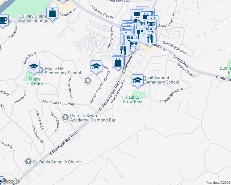 map of restaurants, bars, coffee shops, grocery stores, and more near 1525 Meadow Glen Road in Diamond Bar