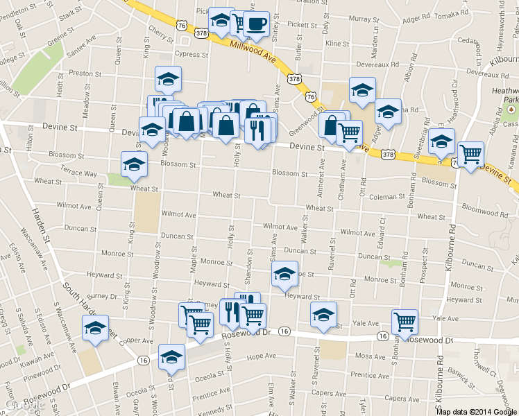 map of restaurants, bars, coffee shops, grocery stores, and more near 414 Shandon Street in Columbia