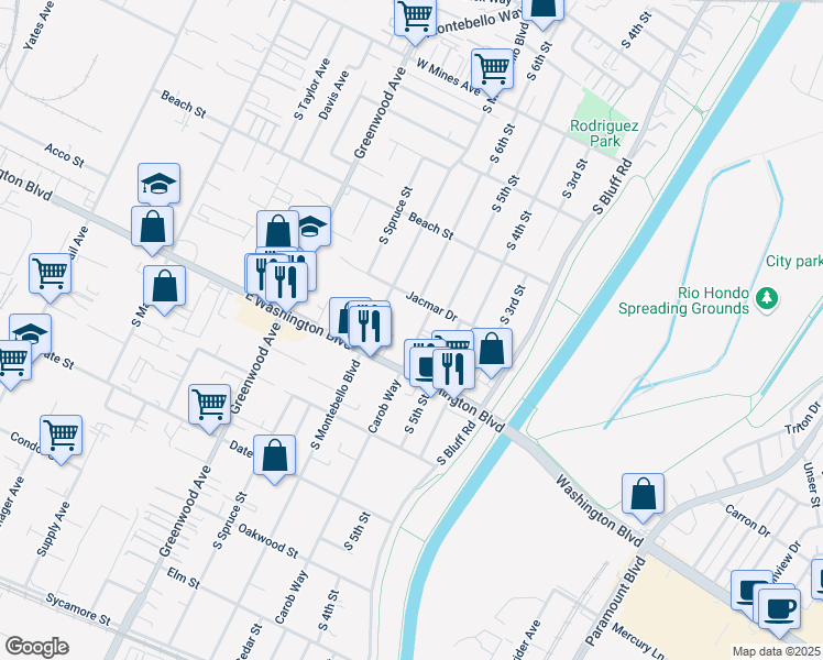 map of restaurants, bars, coffee shops, grocery stores, and more near 925 Carob Way in Montebello