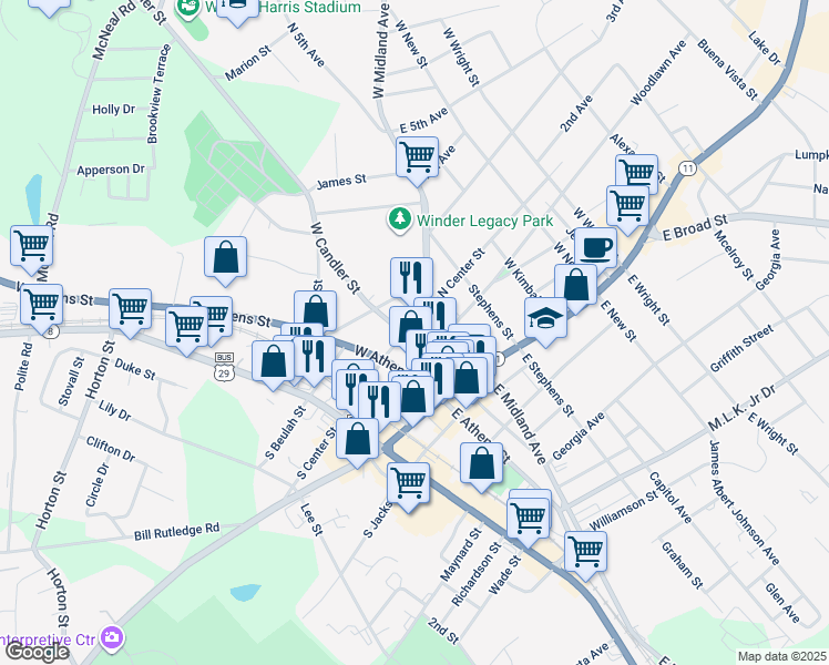 map of restaurants, bars, coffee shops, grocery stores, and more near 72 West Candler Street in Winder