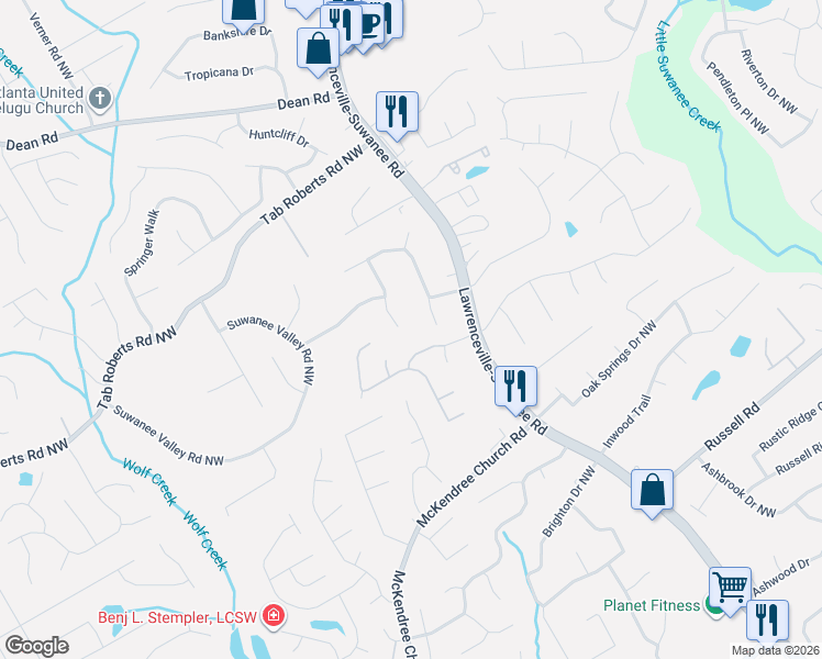 map of restaurants, bars, coffee shops, grocery stores, and more near 1855 Suwanee Lane Northwest in Lawrenceville