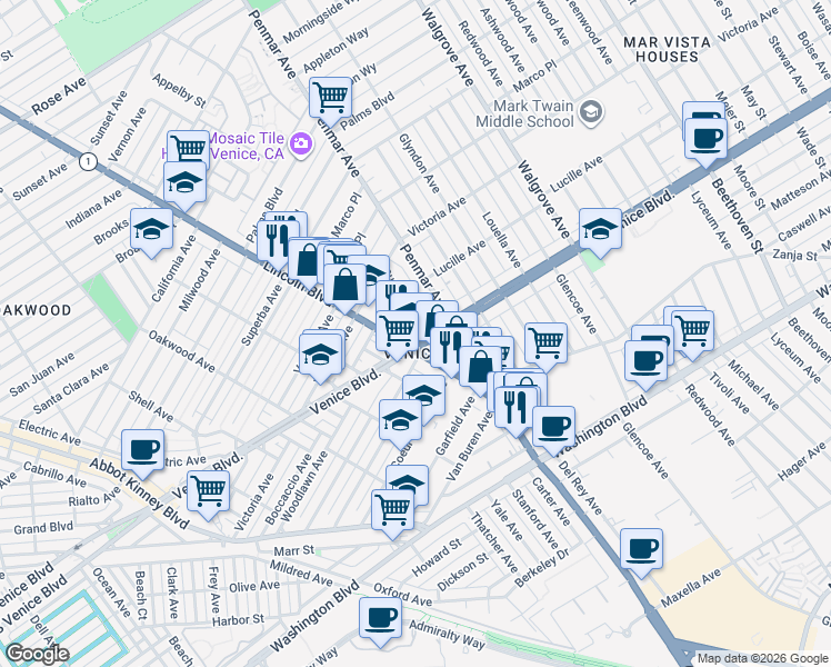 map of restaurants, bars, coffee shops, grocery stores, and more near in Los Angeles