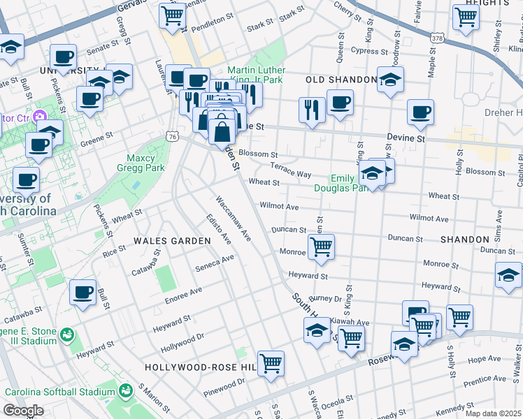 map of restaurants, bars, coffee shops, grocery stores, and more near 2300 Wilmot Avenue in Columbia