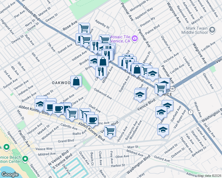 map of restaurants, bars, coffee shops, grocery stores, and more near 830 Palms Boulevard in Los Angeles