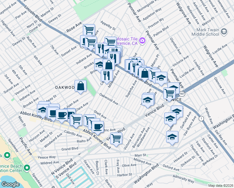 map of restaurants, bars, coffee shops, grocery stores, and more near 830 Palms Boulevard in Los Angeles