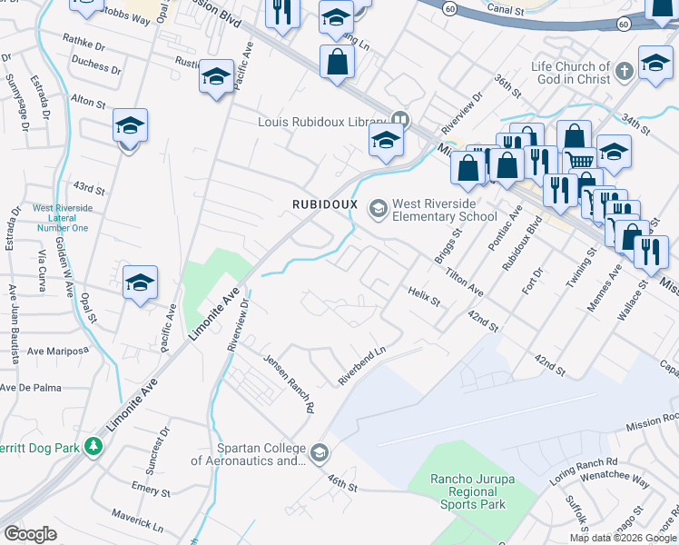 map of restaurants, bars, coffee shops, grocery stores, and more near 5954 Sky Meadow Street in Riverside