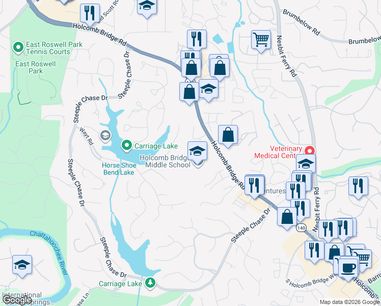 map of restaurants, bars, coffee shops, grocery stores, and more near 550 S Riversong Ln in Alpharetta