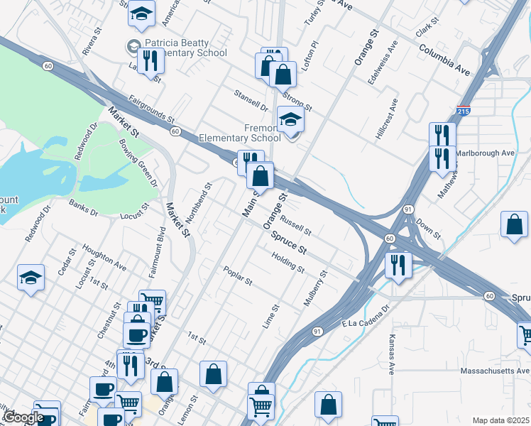 map of restaurants, bars, coffee shops, grocery stores, and more near 3614 Russell Street in Riverside