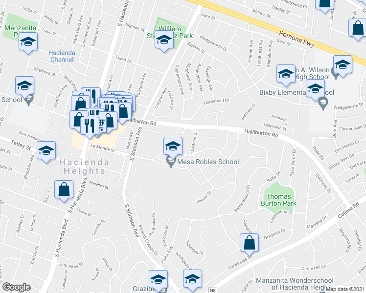 map of restaurants, bars, coffee shops, grocery stores, and more near 1940 Delmesa Avenue in Hacienda Heights
