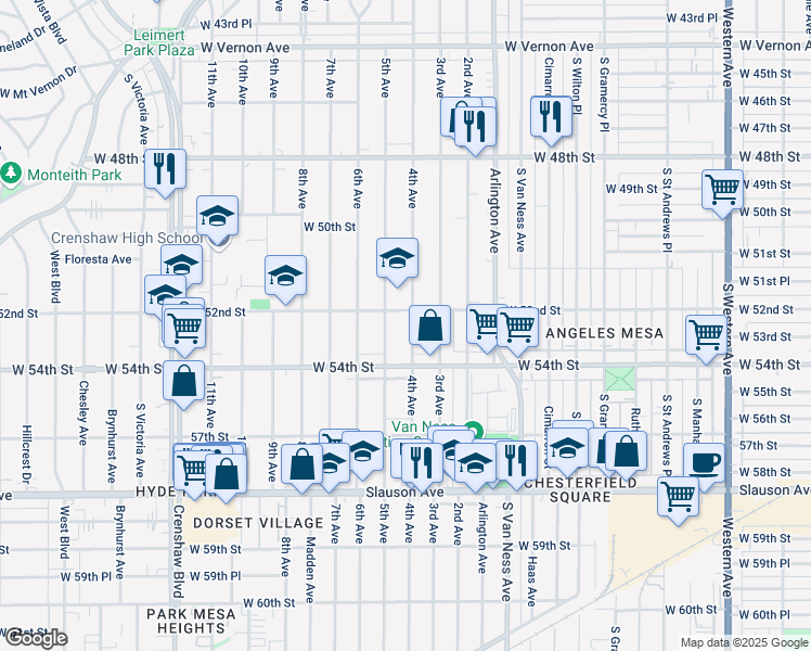 map of restaurants, bars, coffee shops, grocery stores, and more near 5315 4th Avenue in Los Angeles
